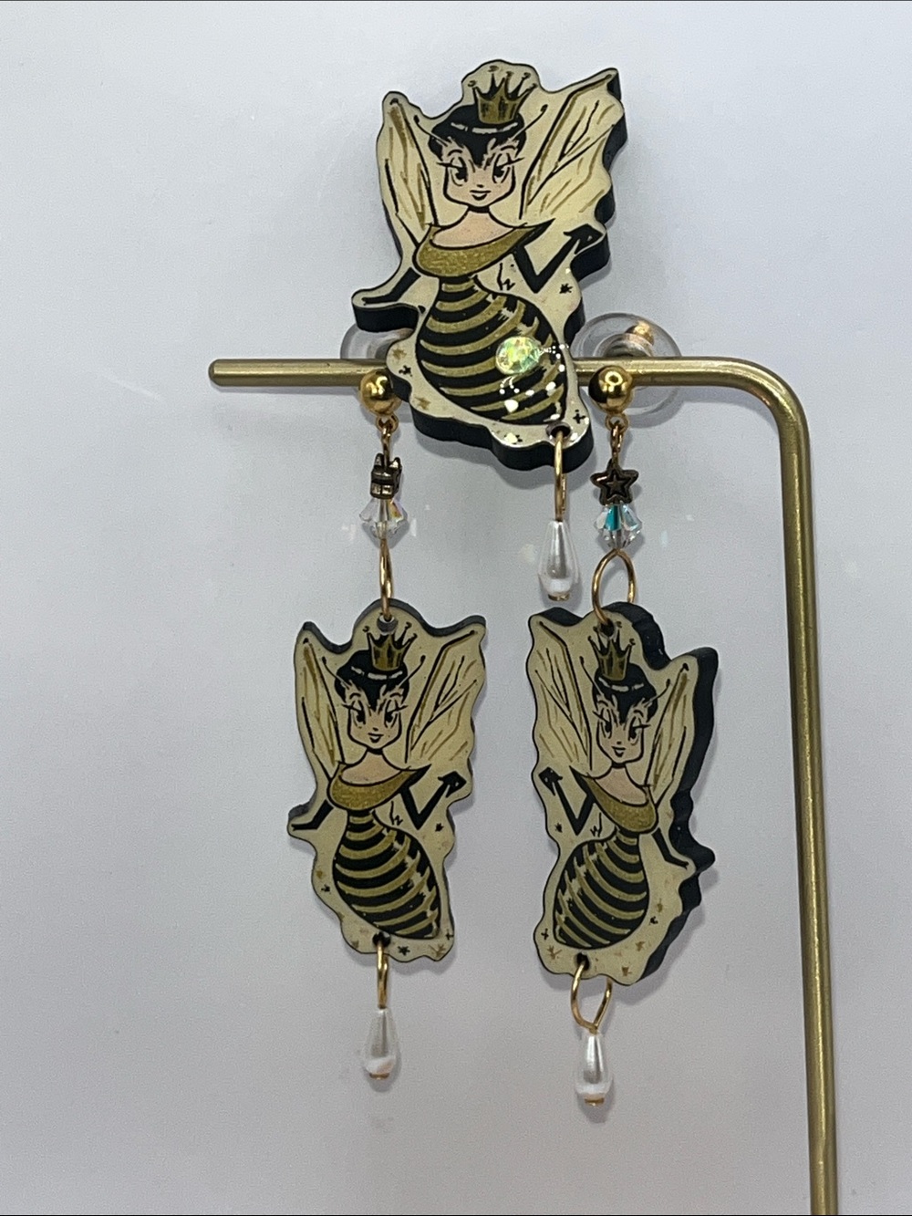 Rare Designs From The Deep Gold Queen Bee Fairy Dangle Earrings & Brooch